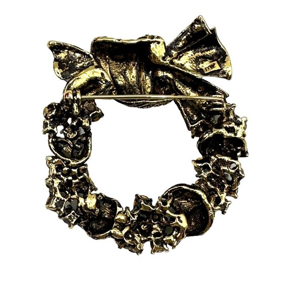 Wreath Brooch Pin With Green Rhinestones Bronze Bow Holiday Jewelry Lapel - Picture 9 of 16